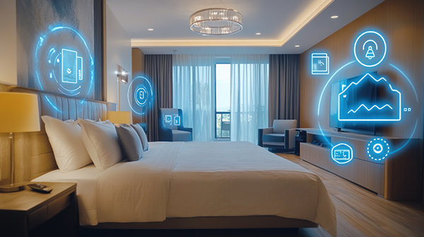 hotel room with technology overlay
