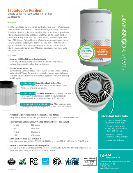 Tabletop Air Purifier Spec Sheet