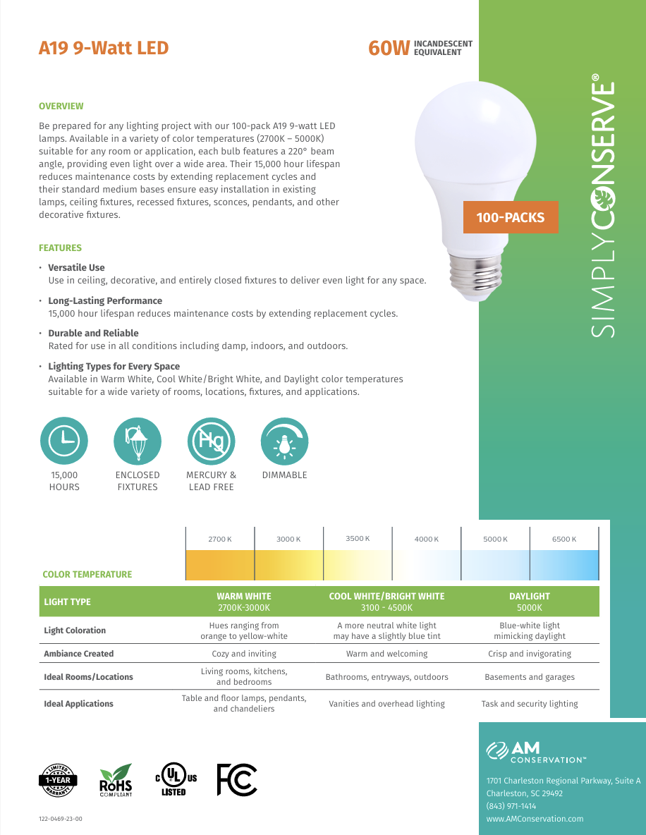 A19 9W LED 100-Packs
