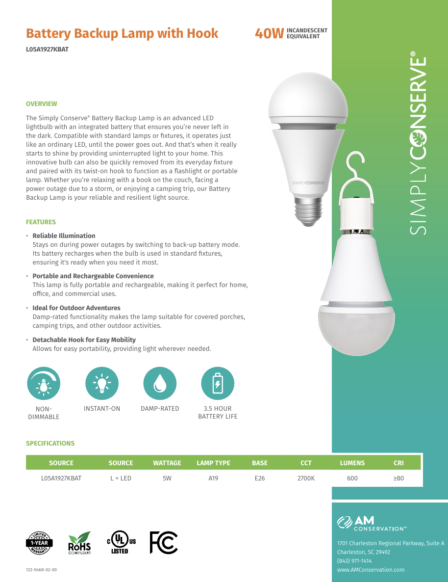 Battery Backup Lamp with Hook