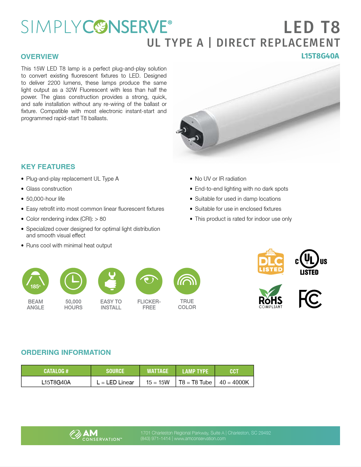 4000K T8 LED UL Type A, Direct Replacement