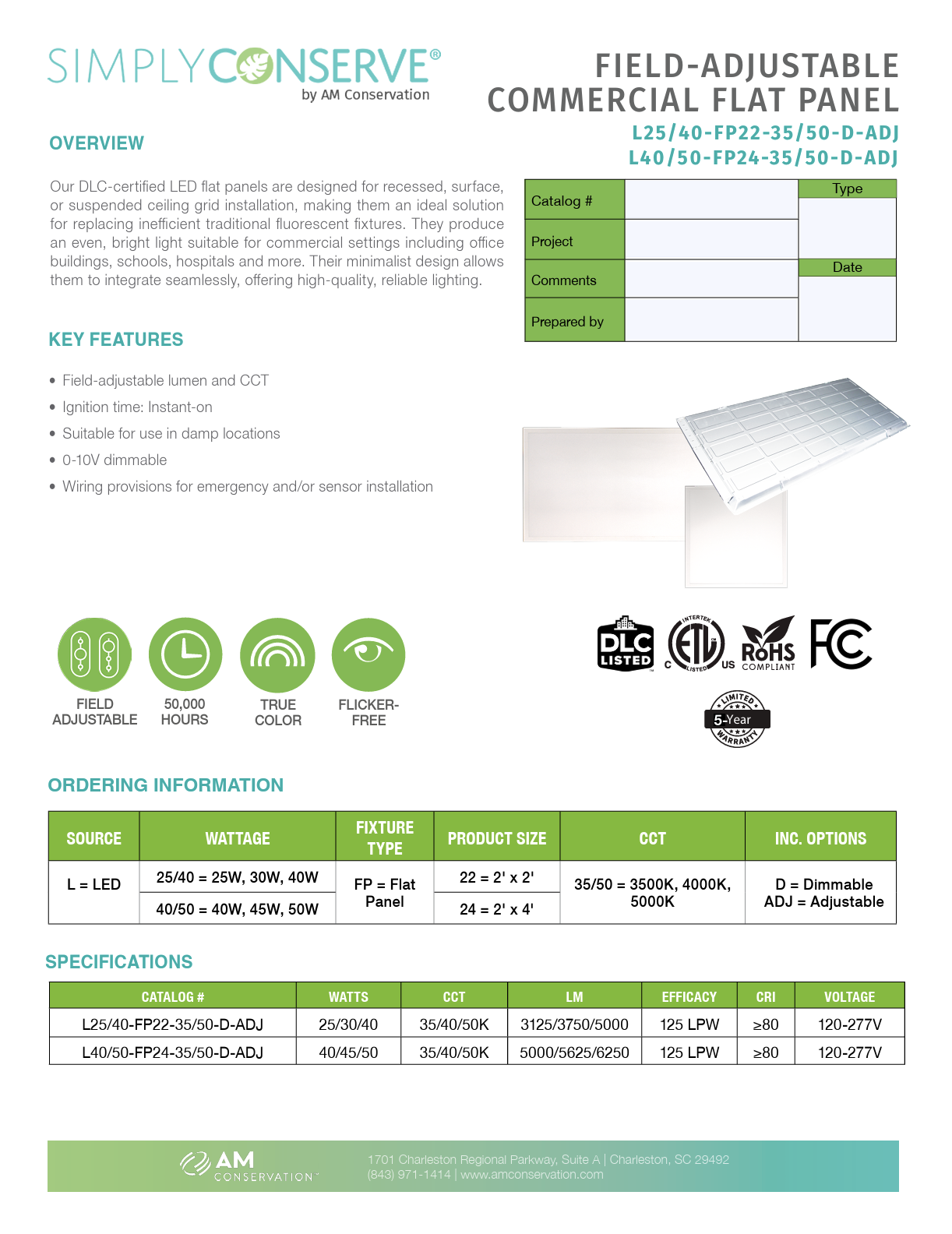 LED Light Fixtures - 2x2' Field-Adjustable Flat Panel
