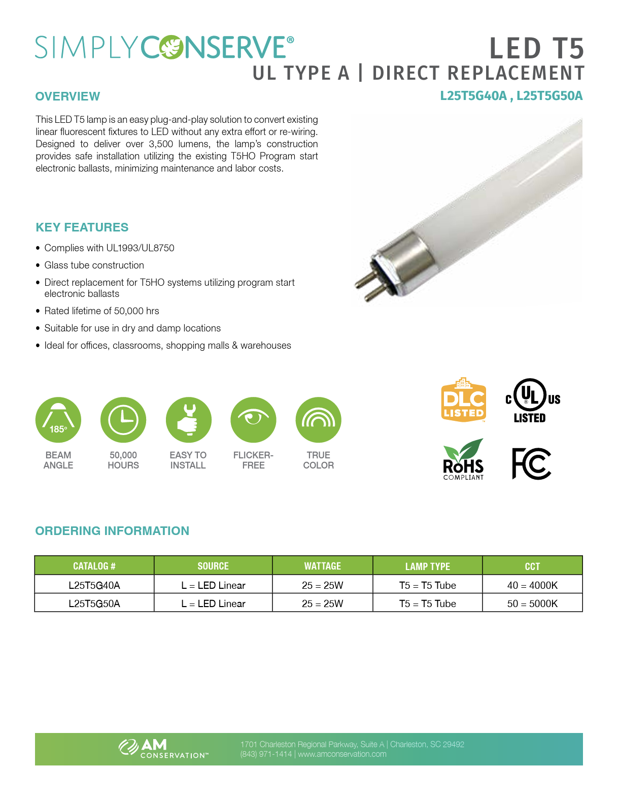 LED Lamp T5 4000K UL Type A, Direct Replacement