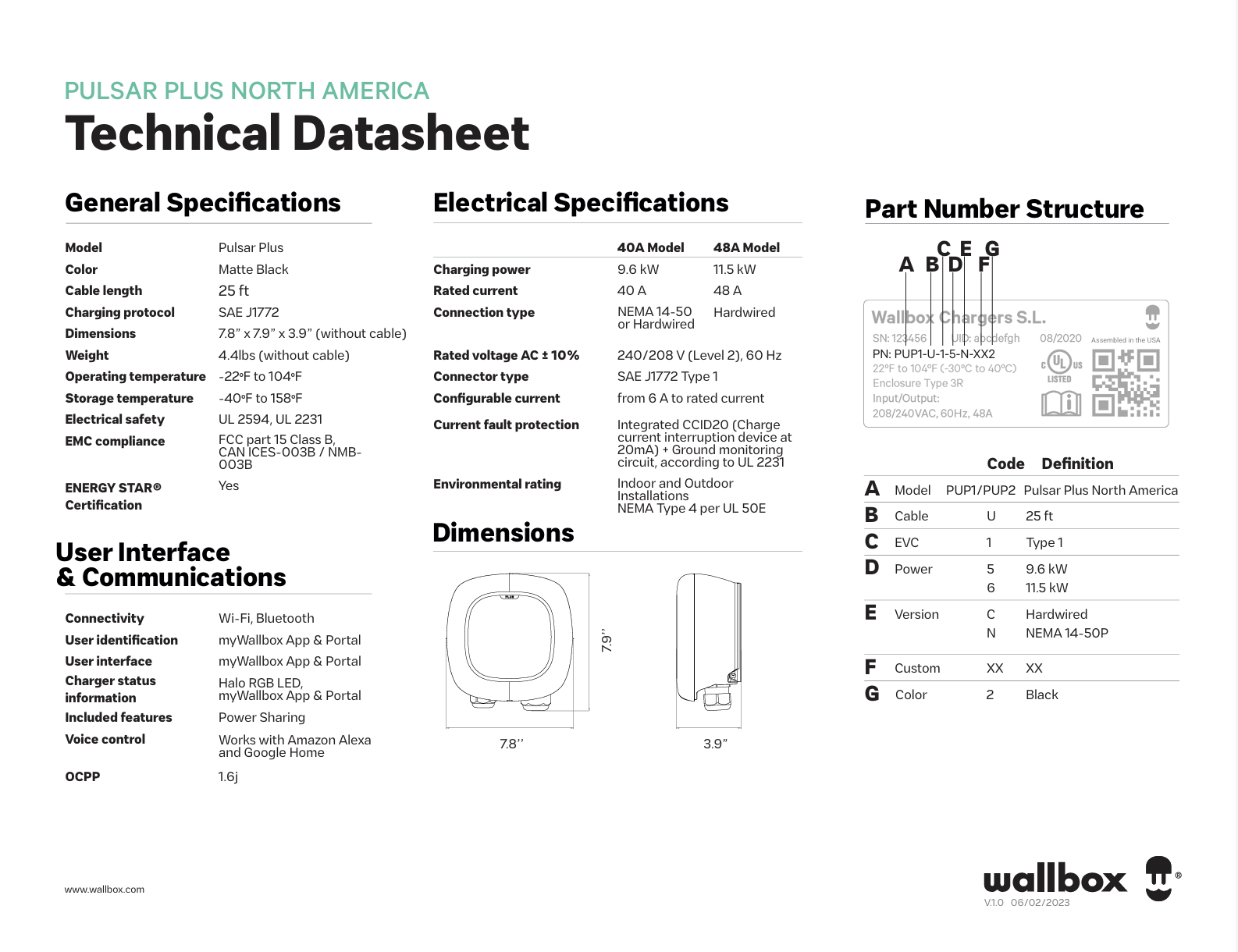 Wallbox Pulsar Plus 240V Level 2 Electric Vehicle Charge Station