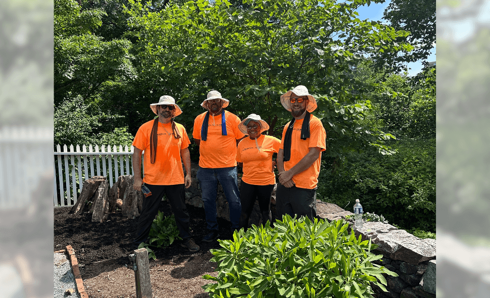 volunteers doing garden clean-up